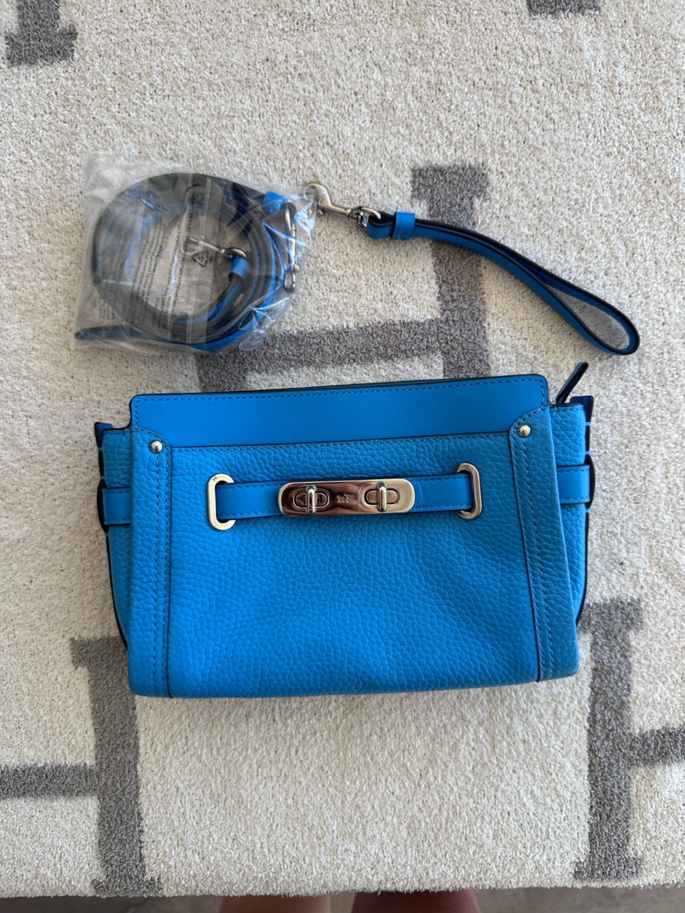 Blue Leather Wristlet crossbody coach with silver